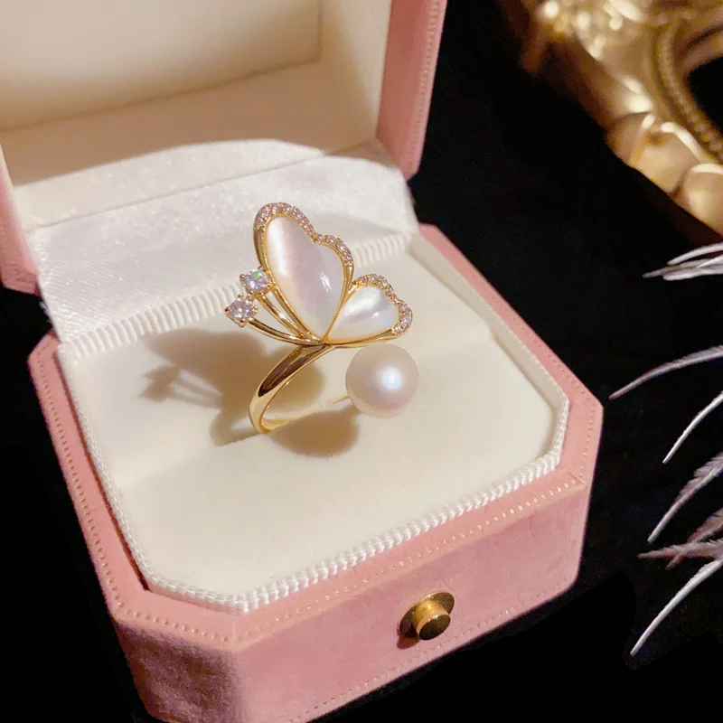 Crystal Shell Freshwater Pearl Butterfly Rings