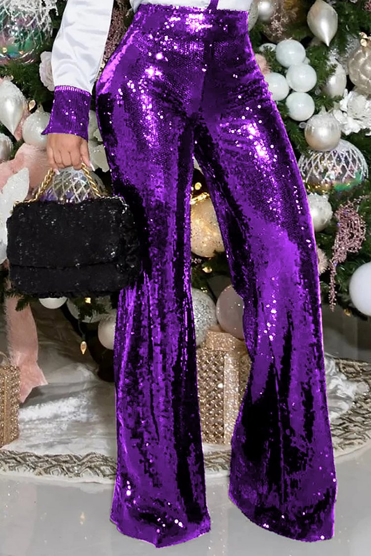 Xpluswear Plus Size Semi Formal Purple Sequin Wide Leg Pants