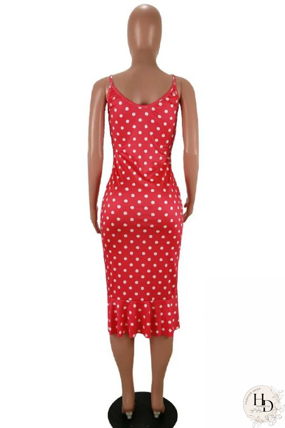 Red Polyester Sexy Fashion Spaghetti Strap Sleeveless Slip Step Skirt Knee-Length Print ruffle Patchwork