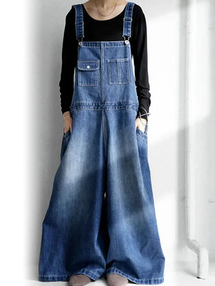 Casual Washed Pocket Denim Wide Leg Overall Jumpsuit