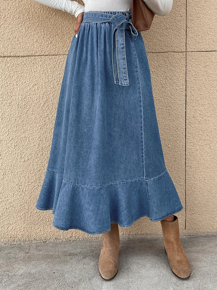 Denim Skirt Women's High Waist Mid-length Sheath Ruffled Skirt