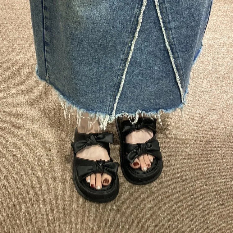 Tanguoant Tanguoant Summer New Fashion Korean Version Bow Knot Sweet And Lovely Thick Bottom Outside Wear Cool Slippers Women's Shoes Hot Style