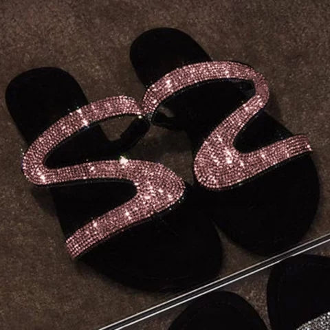 Sparkling Beads Glitter Flat Slide Sandals Women Shiny Slipper