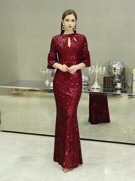 Women Sequin Party Dress for Women Sexy Half Sleeve Formal Long Dresses Burgundy Evening Prom Gowns