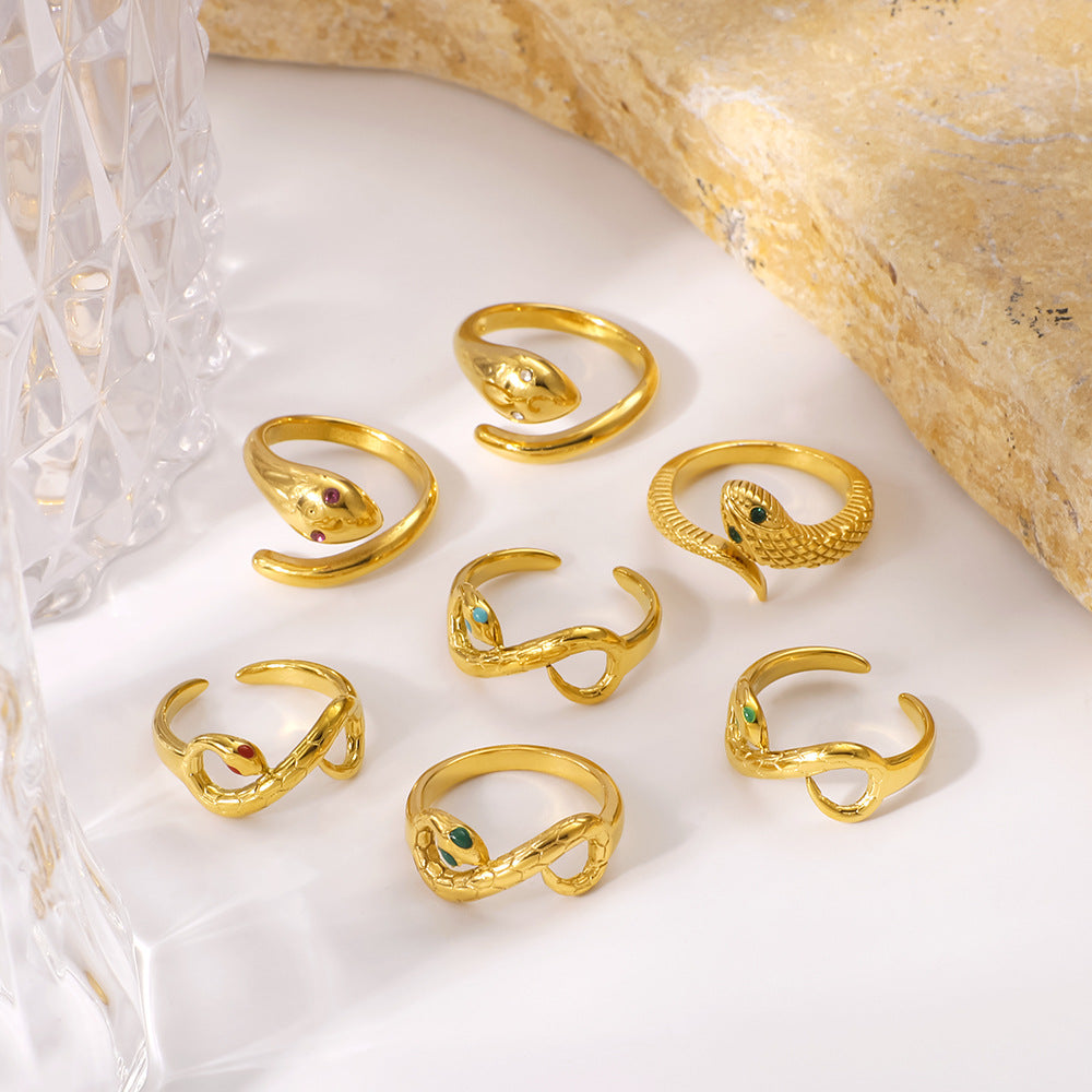 Best-Selling Snake-Shaped Inlaid Zircon Classic Open Stainless Steel Hand Jewelry Gold-Plated Texture Ring Couple