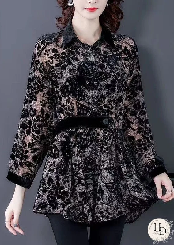 Plus Size Black Peter Pan Collar Print Patchwork Velour Shirts Tops Fall