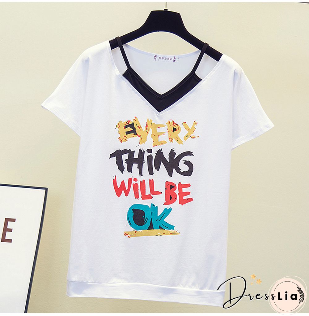 Print V- Neck T Shirt Women T-Shirt Cotton Summer Short Sleeve Woman Clothes Womens Tops Korean Style Tee Shirt Femme