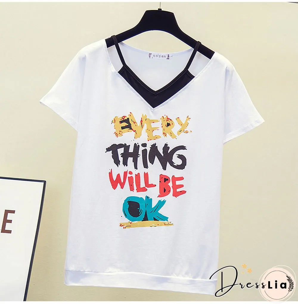 Print V- Neck T Shirt Women T-Shirt Cotton Summer Short Sleeve Woman Clothes Womens Tops Korean Style Tee Shirt Femme