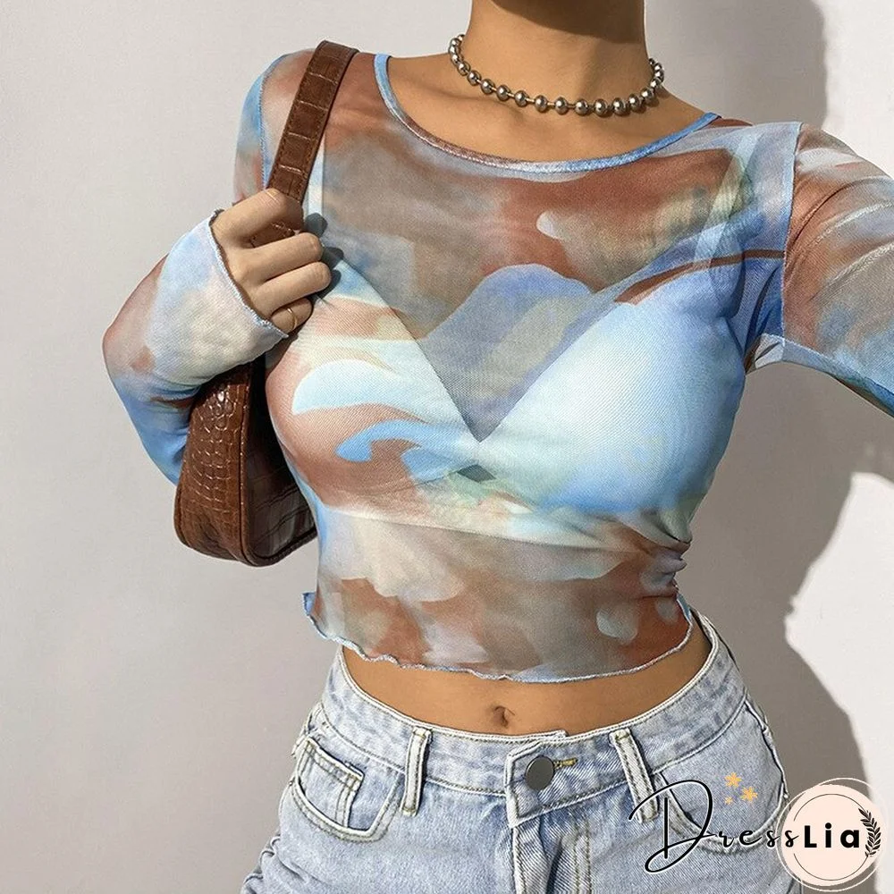Autumn Print Mesh Top O Neck Long Sleeve Basic T Shirt Harajuku Vintage Retro Punk Style Clothes Aesthetic Streetwear Y2K