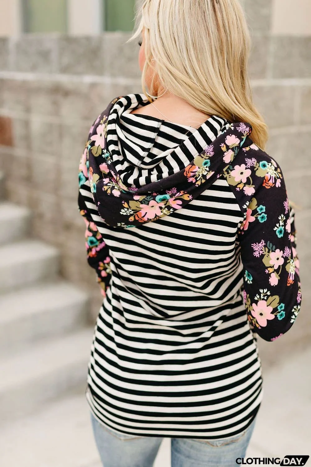 Striped Floral Print Long Sleeve Zipper Hoodie