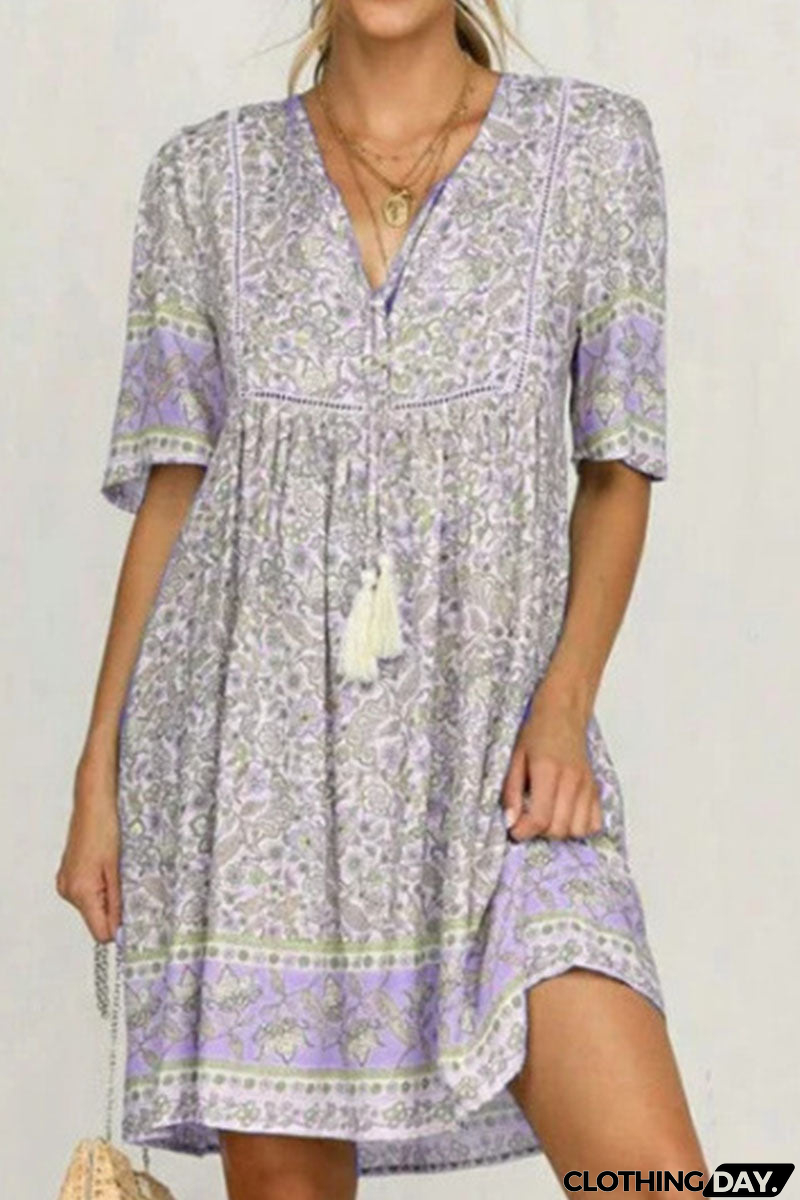 Fashion Sweet Print Patchwork V Neck Princess Dresses