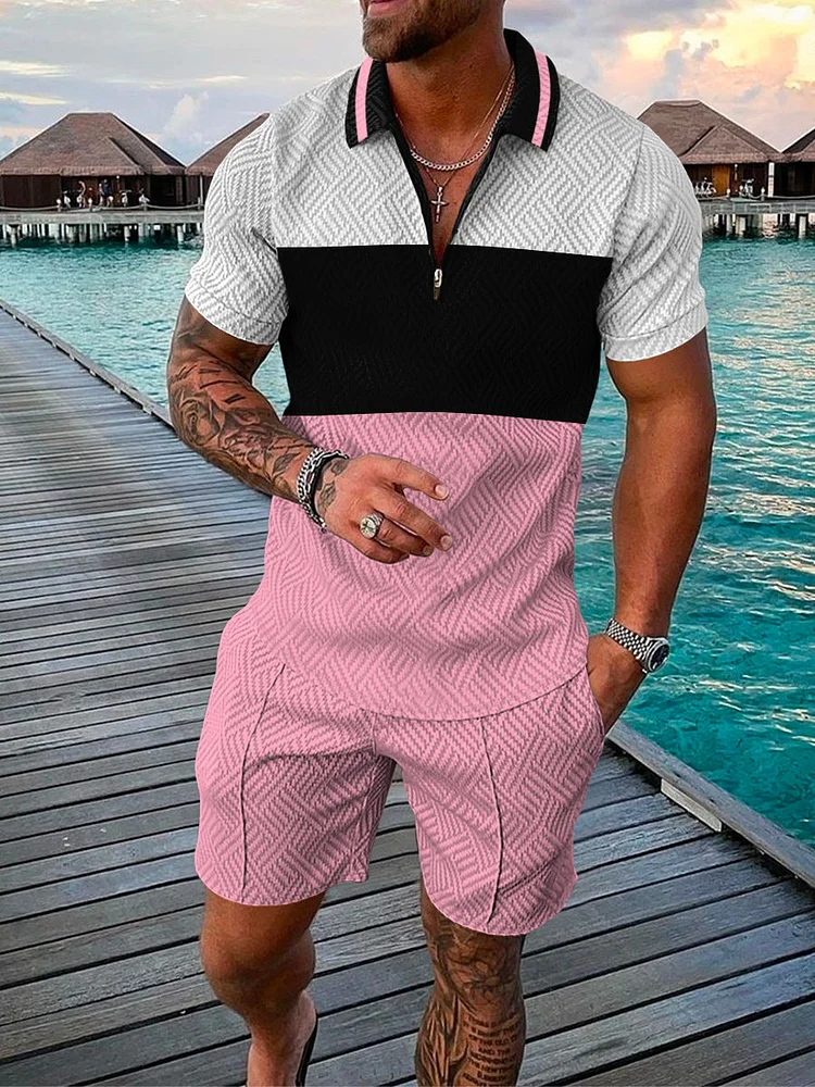 Men's Vacation Stitching Printing Polo Suit