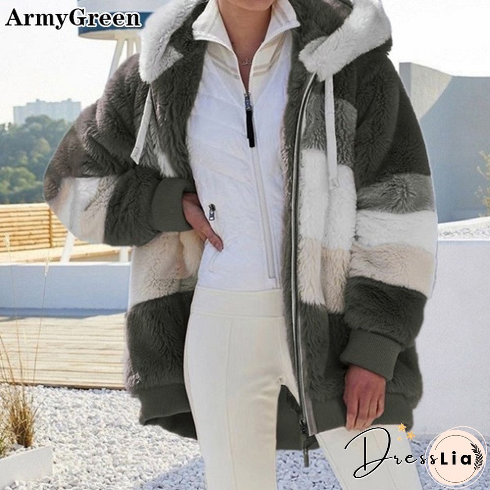 New Winter Womens Jacket Hooded Warm Plush Loose for Women Patchwork Outerwear Faux Fur