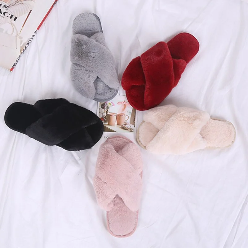 2021 Winter Women House Slippers Faux Fur Fashion Cross Warm Shoes Woman Flats Female Open Toes Slides Pink Cozy  Furry Slippers