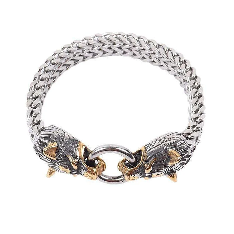 Viking High Quality Alloy Metal Wolf Head Bracelet  Vintage Stainless Steel Chain Charm Bracelet Biker  Jewelry