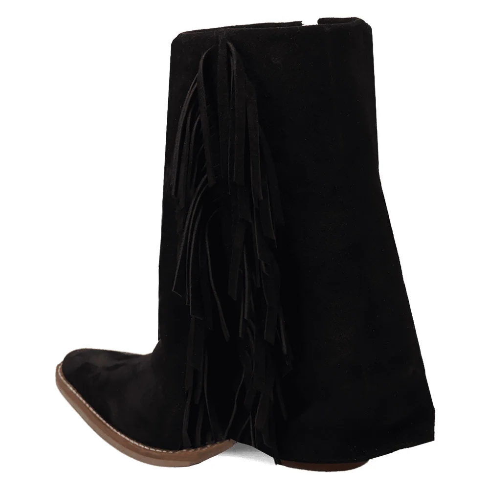 Black Vegan Suede Almond Toe Chunky Heel Fringe Fold Over Boots