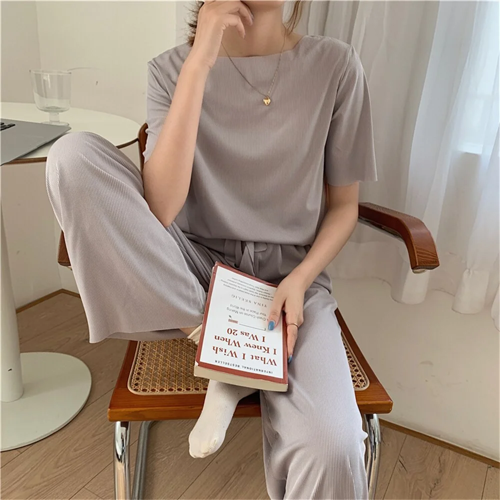 Jangj Alien Kitty Summer Soft Casual Women Two Pieces Sets Solid Hot Fashion 2022 Short Sleeves T-Shirts Loose Straight Pants Suits