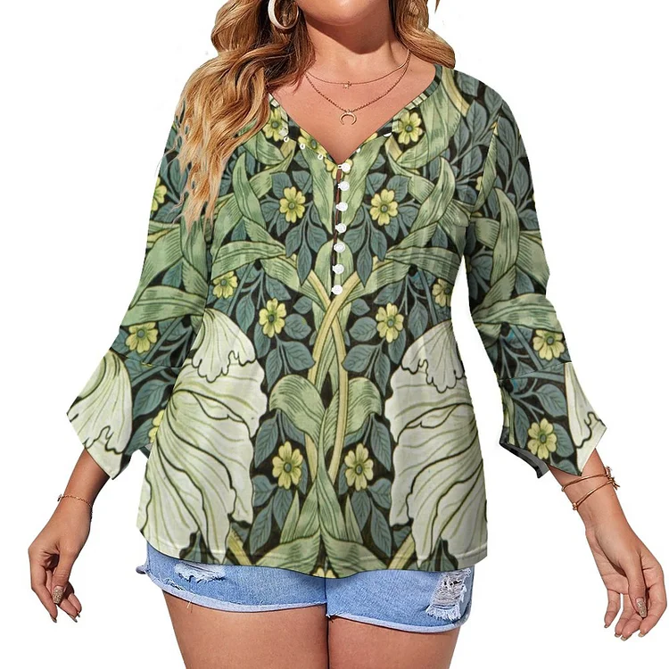 Pimpernel By William Morris Button Popover Shirt Women mid sleeve Tunic Tops Loose Fit V neck Pleats Blouses - Heather Prints Shirts
