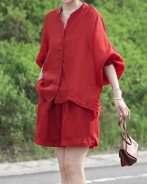Stand Up Collar Batwing Sleeve Shirt & Shorts Solid Color Set