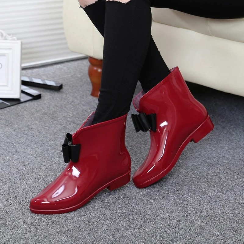Women Spring Rain Boots Rubber Boots Flower Bowtie 2019 Ankle Boot Female Waterproof Solid Shoes - vzzhome