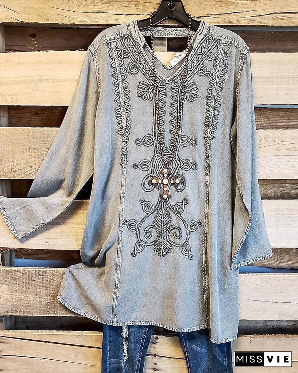 Women's Ethnic Pattern Print V-Neck Long Sleeves Casual Denim Top