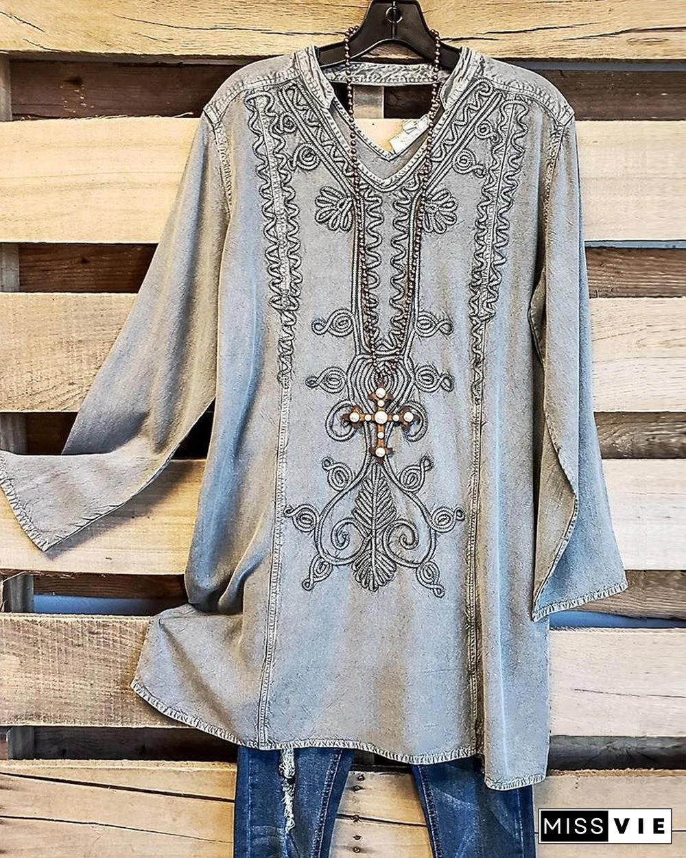 Women's Ethnic Pattern Print V-Neck Long Sleeves Casual Denim Top