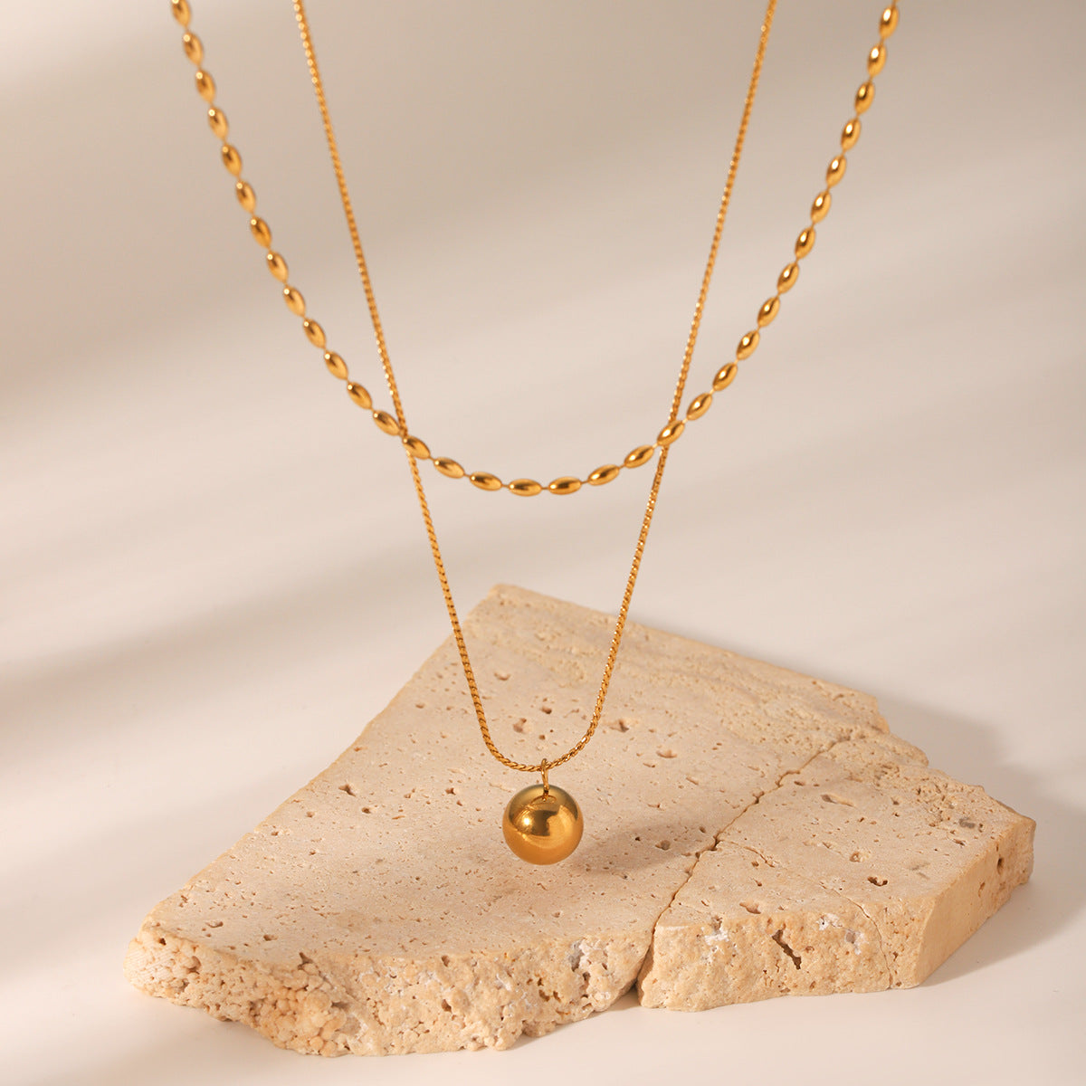 Double-Layer Stainless Steel Necklace Oval Bead Chain Twisted Chain Small Gold Ball Pendant Necklace Titanium Steel Necklace