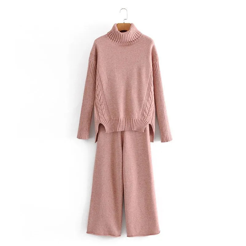 Autumn and winter women's suit casual solid color high neck long sleeve loose sweater + knitted wide leg pants suit