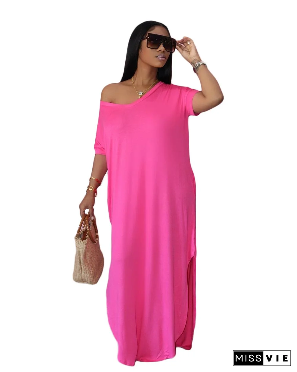 Summer Casual Women V-neck Solid Color Short Sleeve Loose Fitting Floor Length Dress