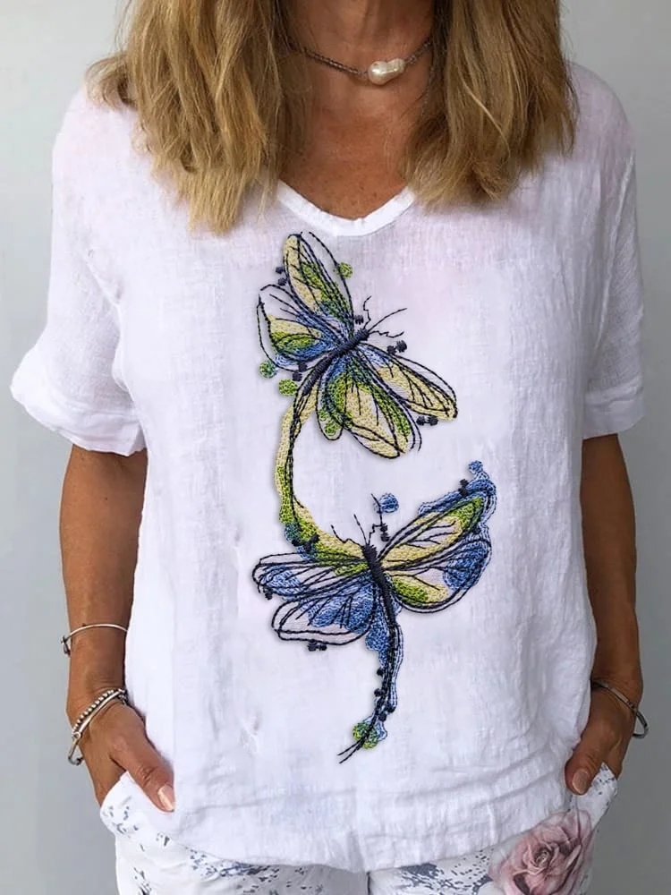 Women's Casual Cotton and Linen Dragonfly Print Top