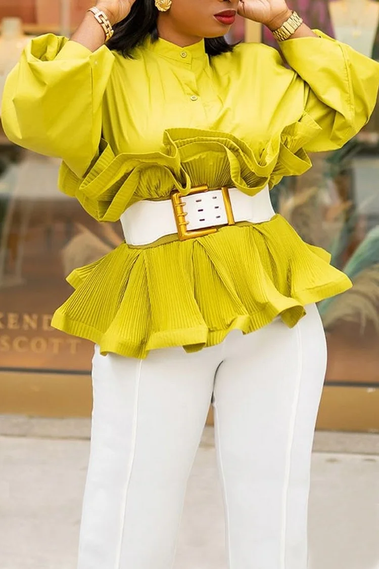 Plus Size Yellow Daily Stand Collar Ruffled Lantern Sleeves Blouses (No Belt) 