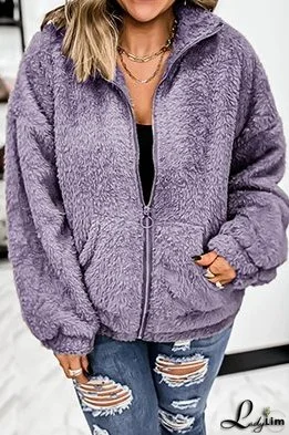 Solid Pocket Zipper Zipper Collar Outerwear