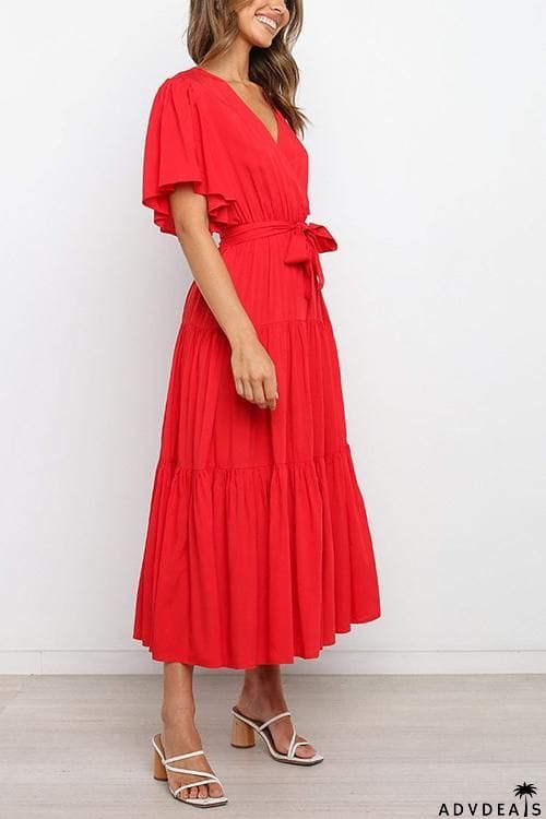 Solid Ruffles Belted Maxi Dress