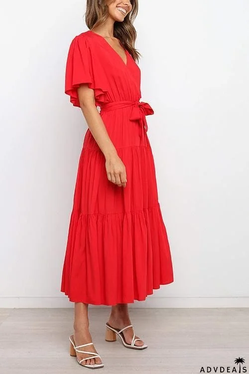 Solid Ruffles Belted Maxi Dress