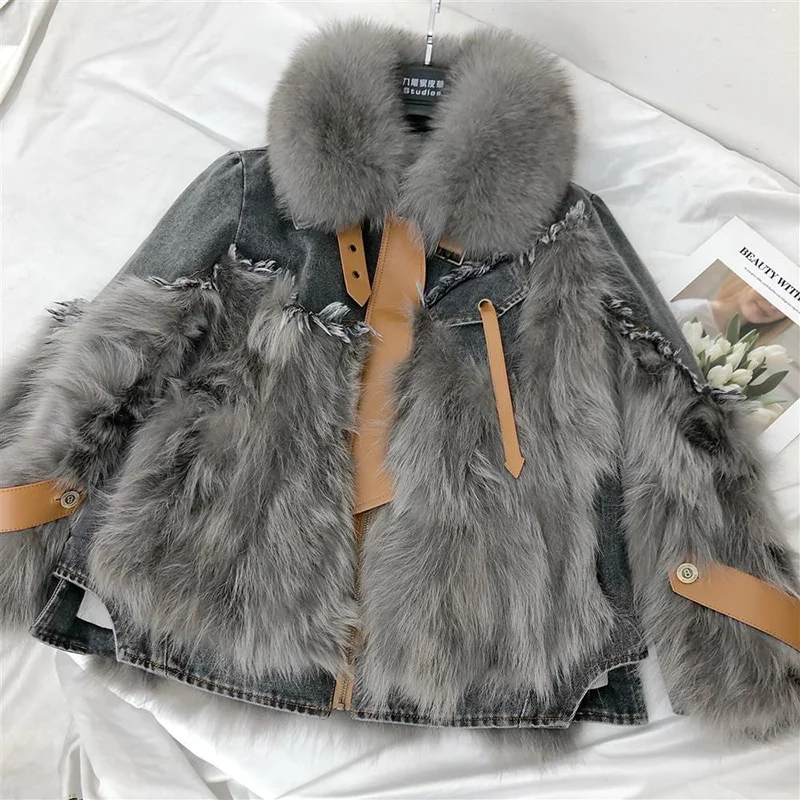 Toloer Toloer 2023 New Faux Fox Fur Stitching Tassel Removable Liner Parkas Winter Harajuku Asymmetric Denim Jacket Y2k Streetwear Coat 1127-1-Outfit Ideas