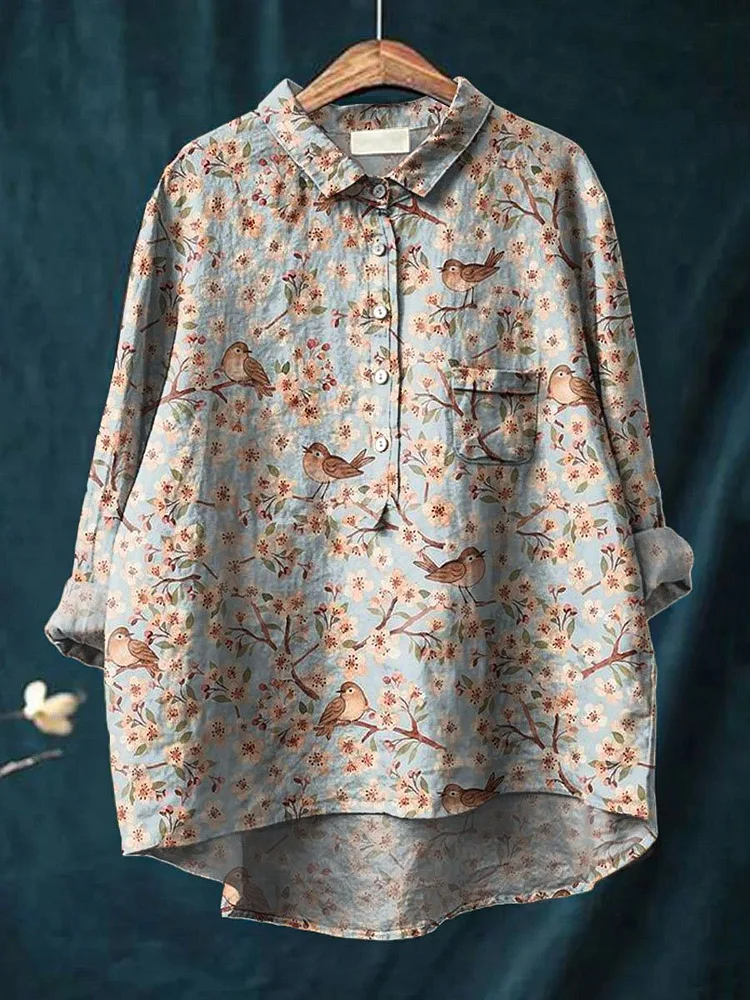 Vintage Lovely Birds Floral Art Print Casual Cotton And Linen Shirt