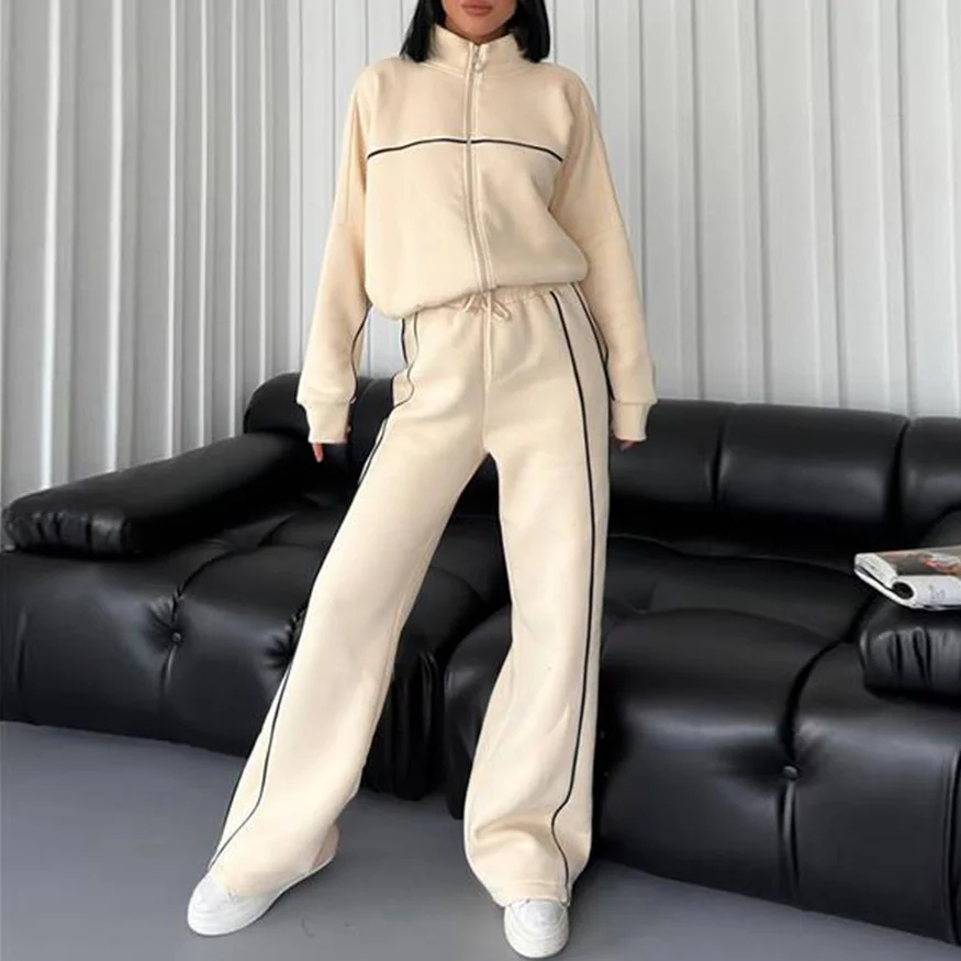 Casual Set Long Sleeve Half High Neck Cardigan Sweatshirt Lace Up Striped Pants