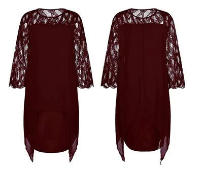 Lace Stitched 3 / 4 Sleeve Irregular Hem Chiffon Dress Black Dresses