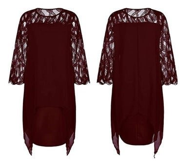 Lace Stitched 3 / 4 Sleeve Irregular Hem Chiffon Dress Black Dresses
