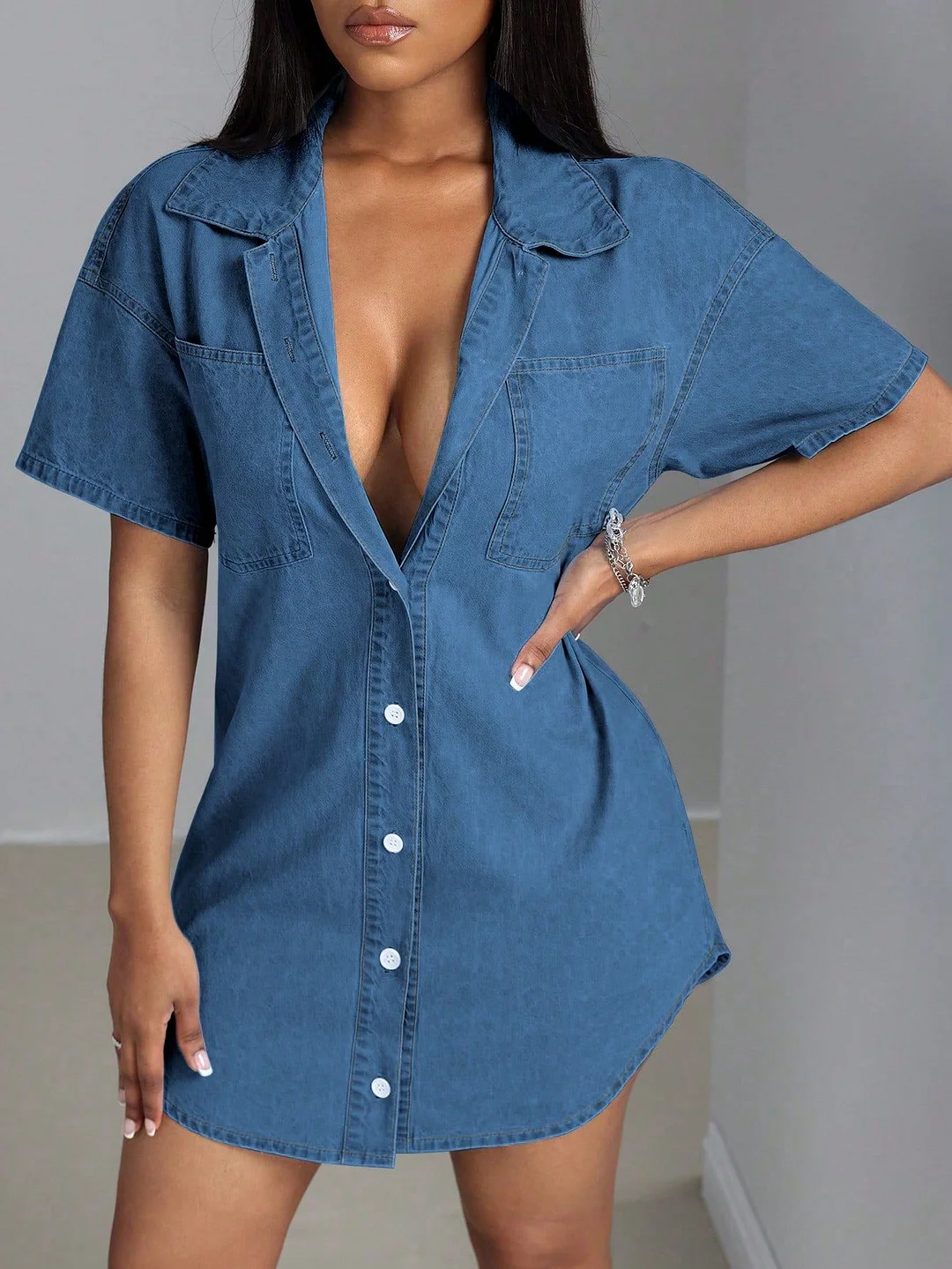 Women's INS Style Denim Dress Sexy Lapel Short-sleeved Loose Denim Shirt Skirt