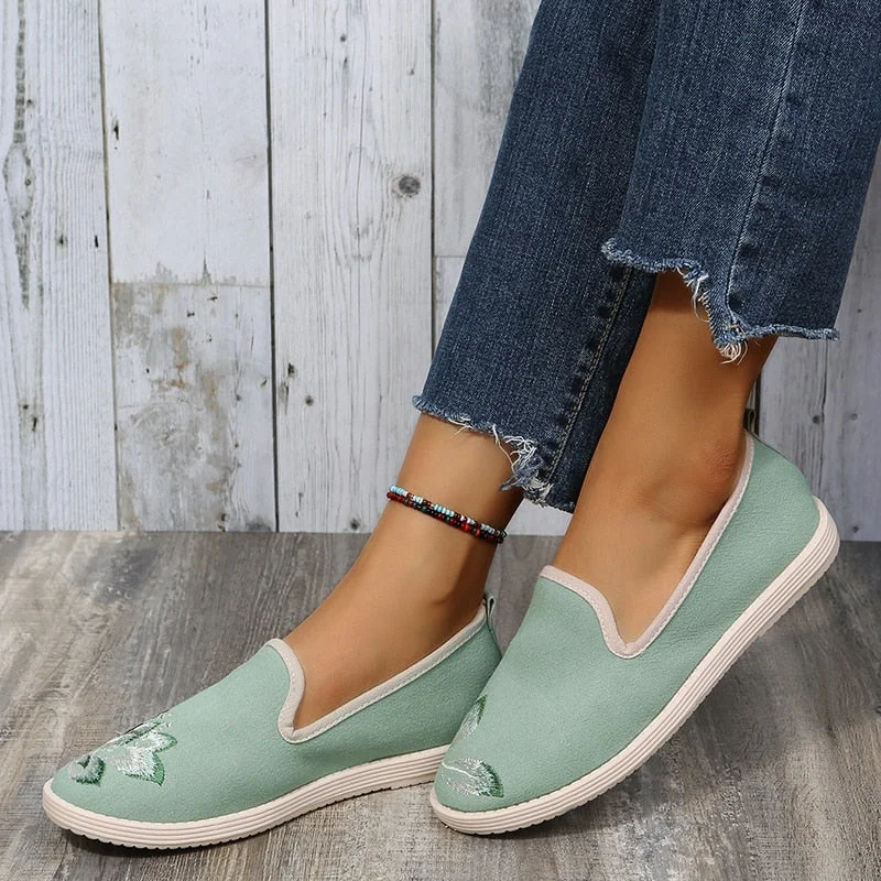 Back To School Women Casual Cotton Fabric Embroidered Loafers Ladies Slip On Comfortable Driving Walking Flat Sneakers Shoes Grey Green