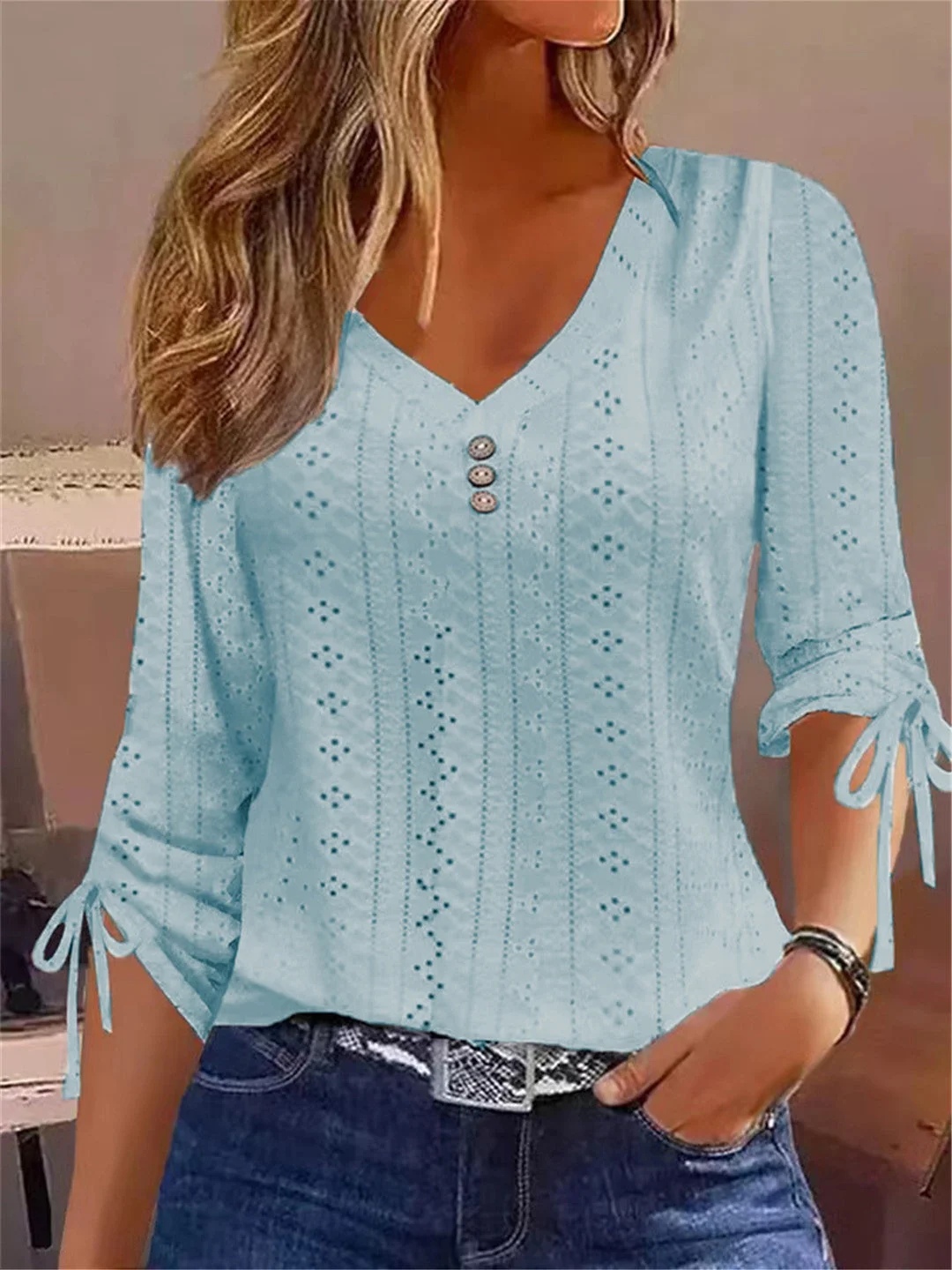Women Long Sleeve V-neck Solid Color Buttons Tops