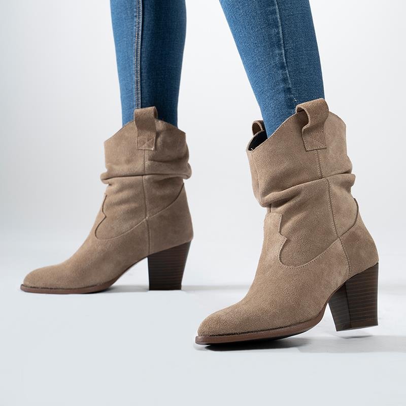 Callizio Women Genuine Leather Western Style Block High Heel Stylish Boots New Season Pointed Toe Female Footwear