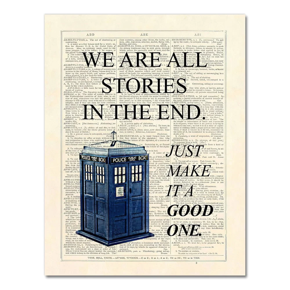 Dr Who Classic TV Show Poster Prints Tardis We Are All Stories In The End Dictionary Page Art Canvas Painting Picture Home Decor