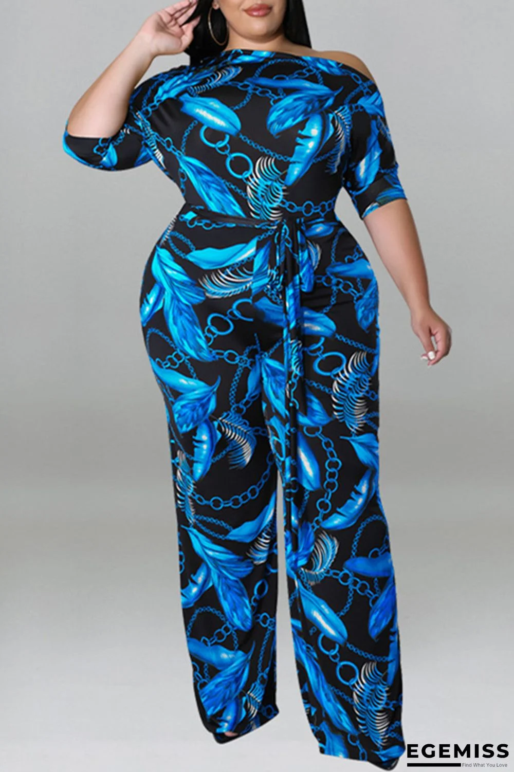 Blue Fashion Casual Print Basic Oblique Collar Plus Size Jumpsuits | EGEMISS