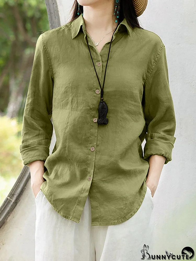 Women Solid Long Sleeve Button Front Lapel Shirt