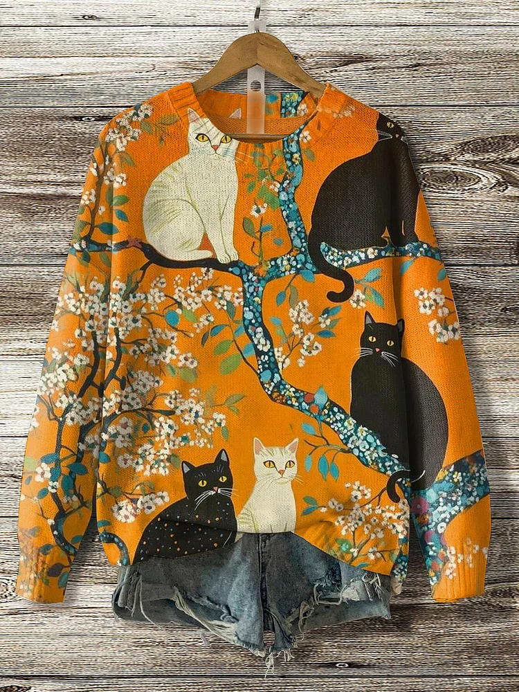 Women's Black Cat And White Cat In A Tree Flowers Print Knit Sweatshirt