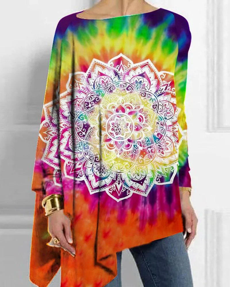 Women's tie-dye printed casual long-sleeved T-shirt-121428