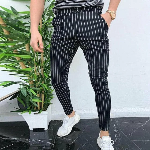 Fashion Men's Slim Fit Stripe Business Formal Pants Casual Office Skinny Long Straight Joggers Sweat Pants Trousers