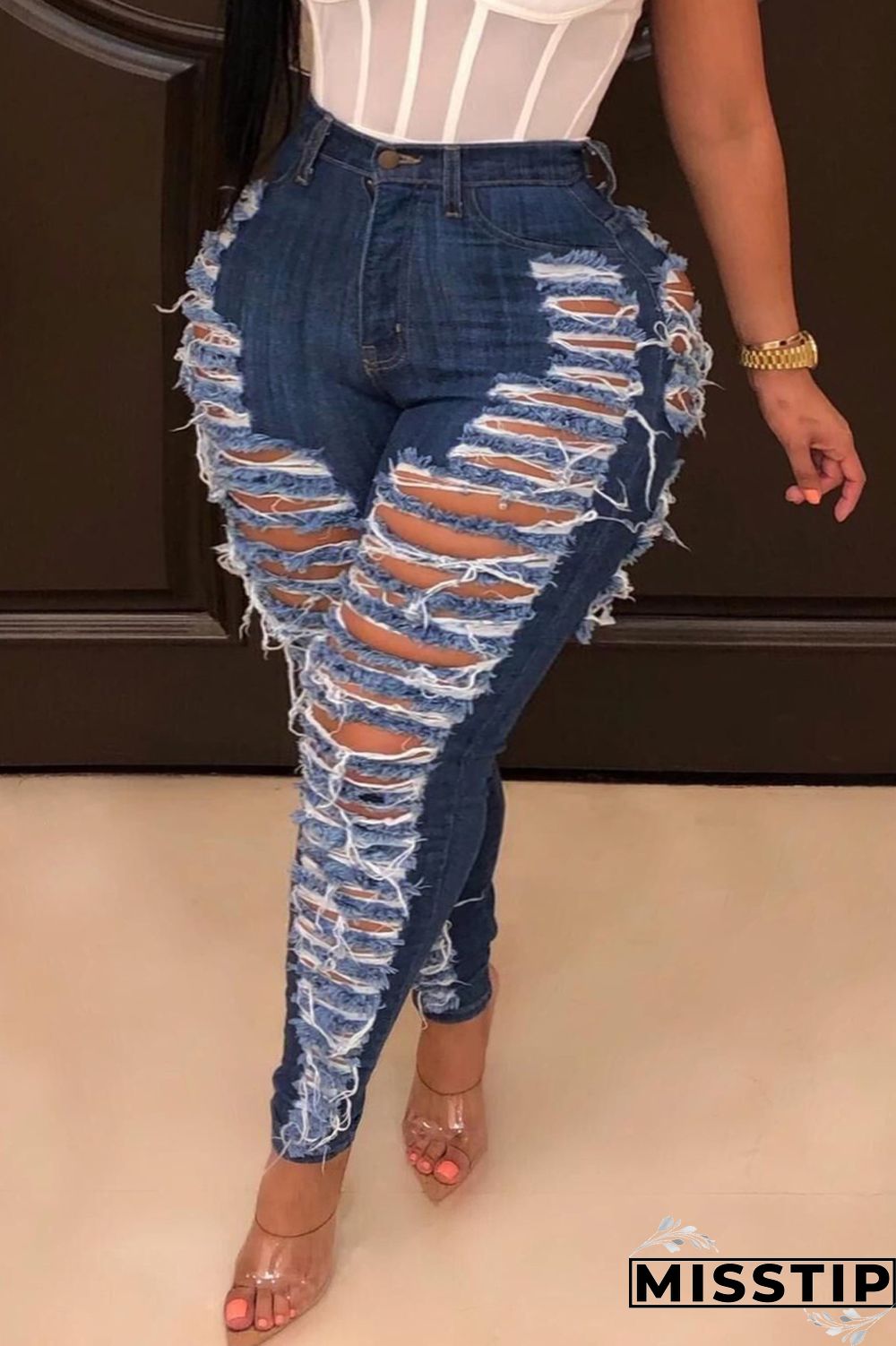 Dark Blue Casual Solid Ripped Patchwork Plus Size Jeans
